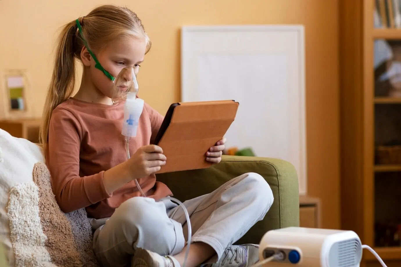 Ganzkörperaufnahme eines Mädchens, das einen Vernebler benutzt